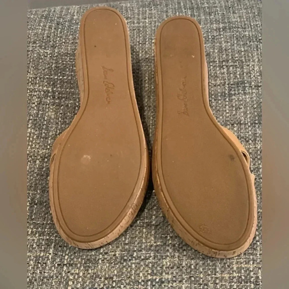 Size 9 Sam Edelman Tan Patent Leather Cork Wedge Platform Sandal - Picture 4 of 6